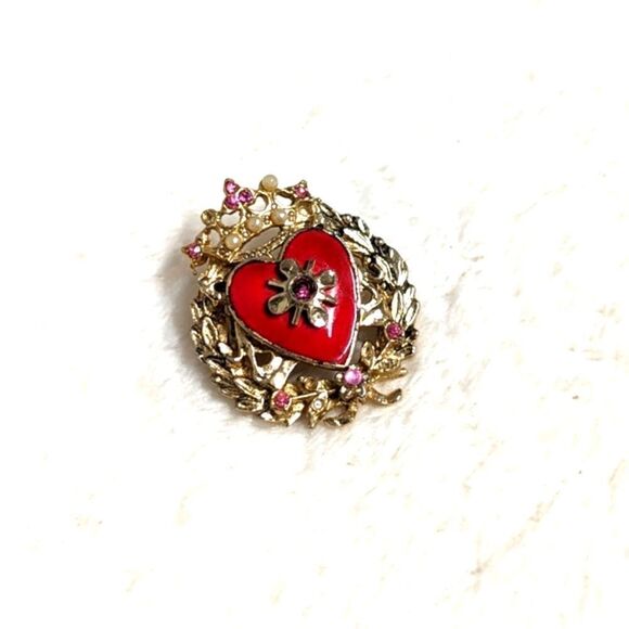 Vtg/Rare 1950s CORO Goldtone, Enamel, Brooche w/ Rhinestone & Seed Pearl Accents - Picture 12 of 13